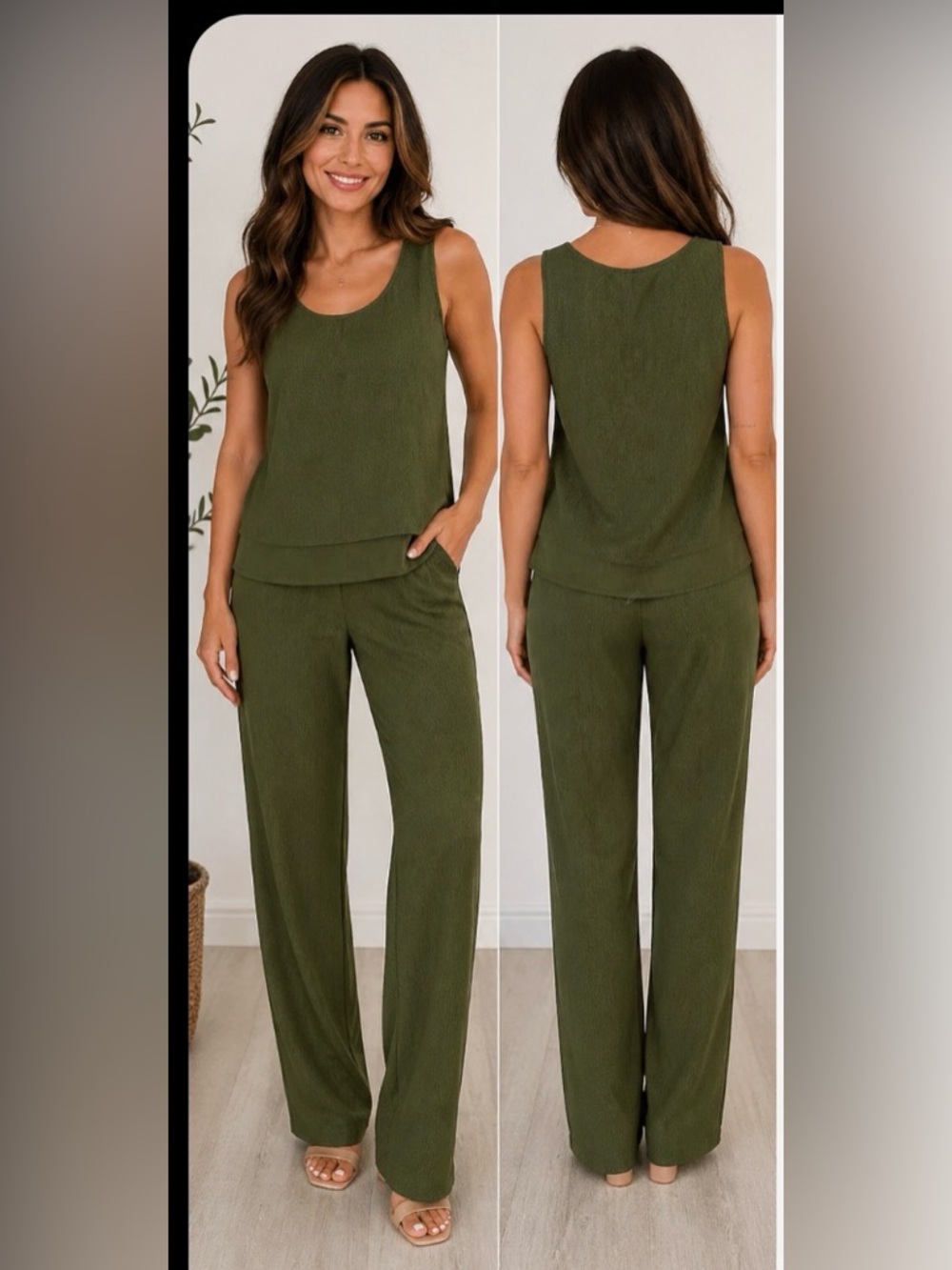Positive Attitude Olive Green 2 Piece Set Sleeveless Top & Trousers Petite 8P